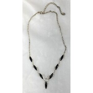 Clear Crystal and Onyx Silvertone Necklace Signed BW‎